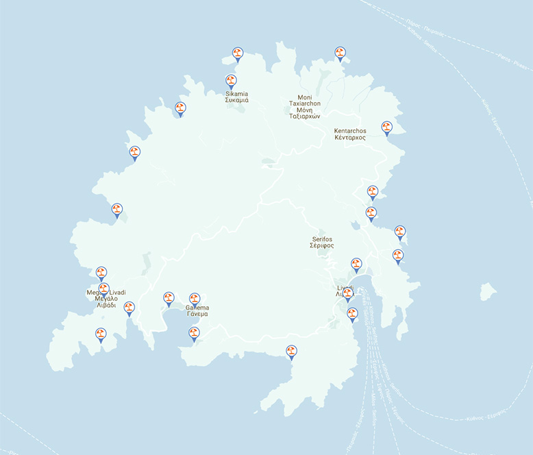 Les plages de Serifos sur la carte