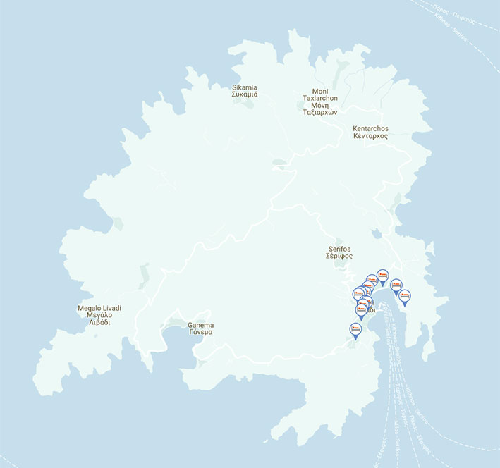Carte avec les chambres et hôtels de Serifos